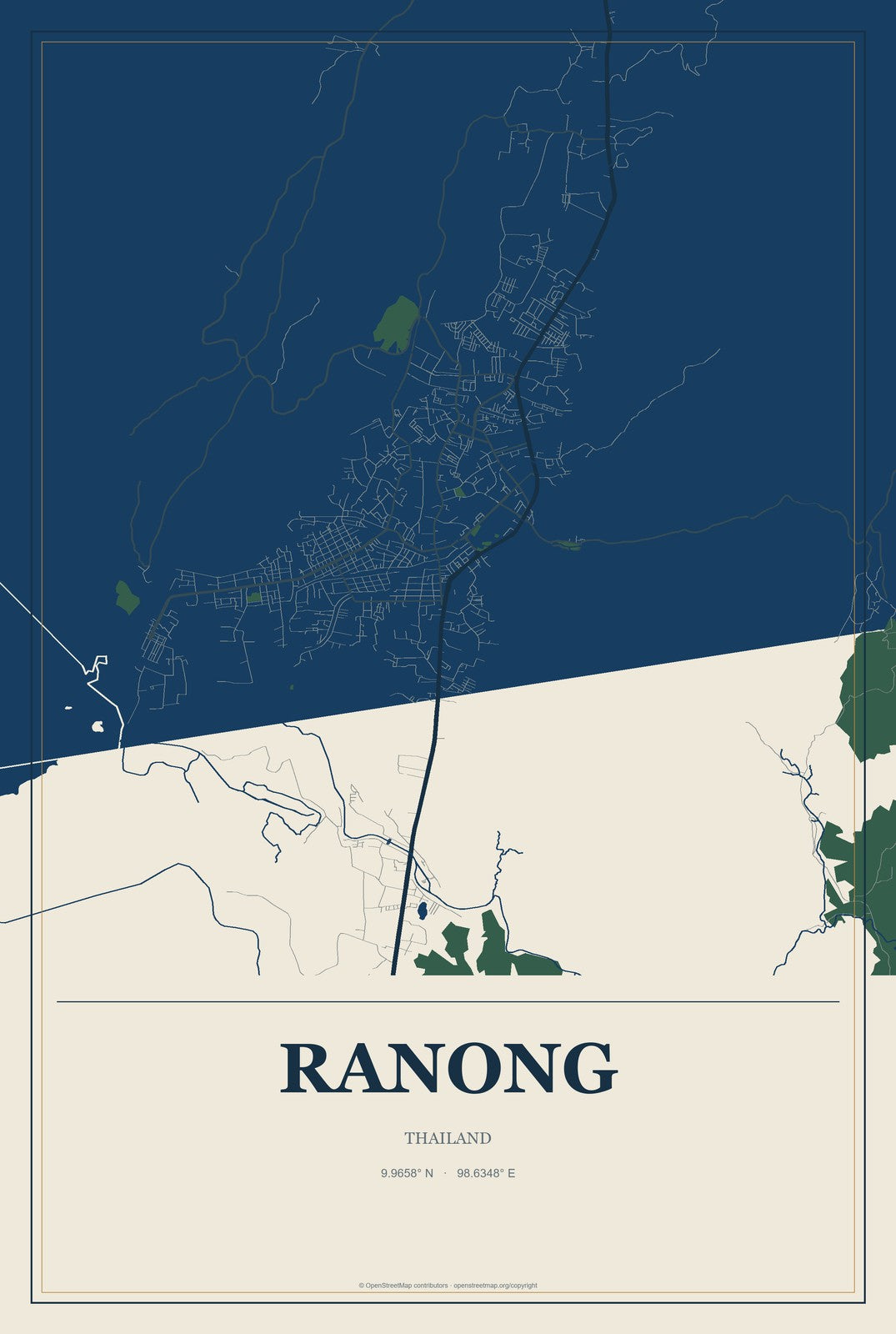Ranong, Thailand City Map Aluminum Sign in Coastal Cutout style