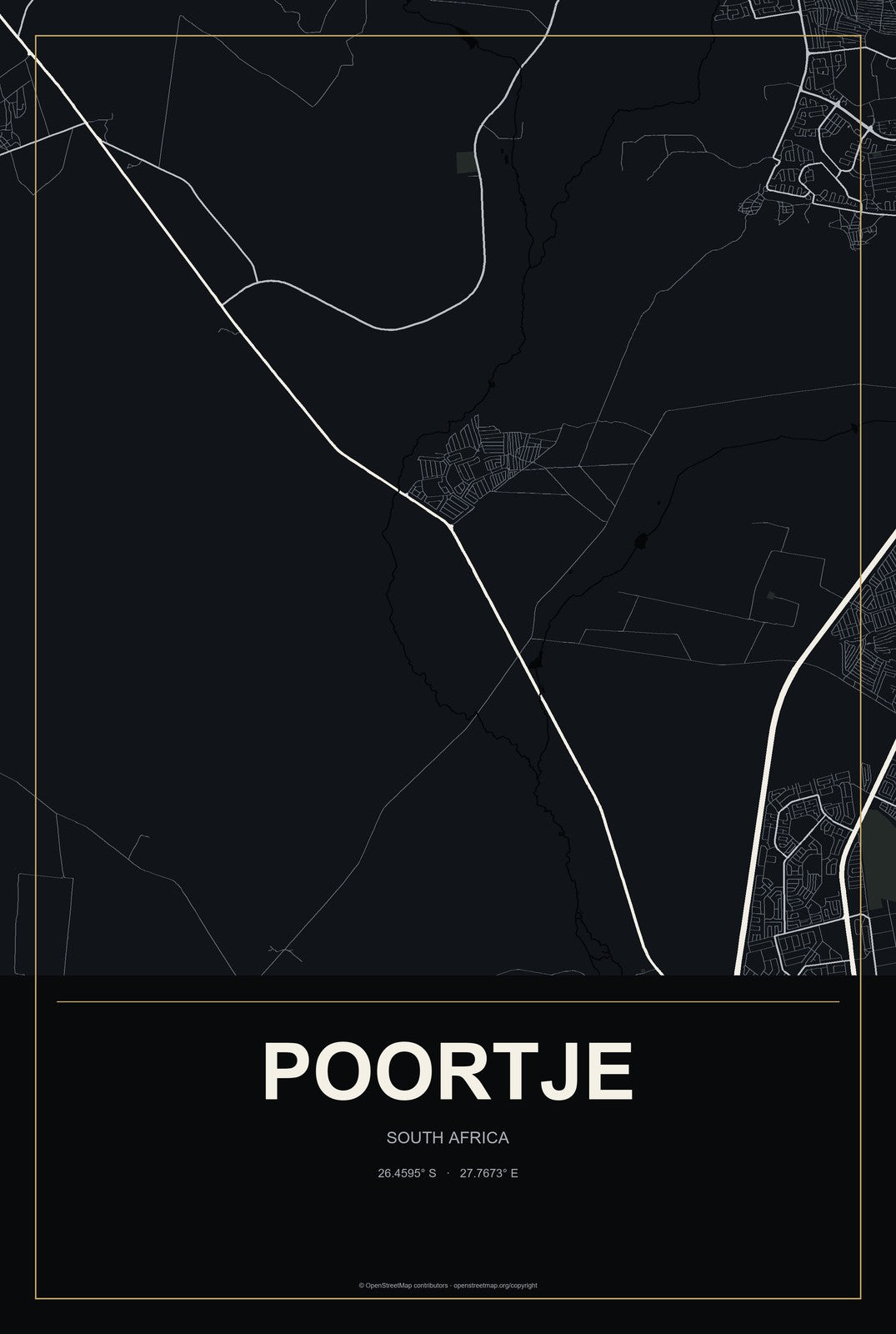 Poortje, South Africa City Map Aluminum Sign in Metropolitan Noir style