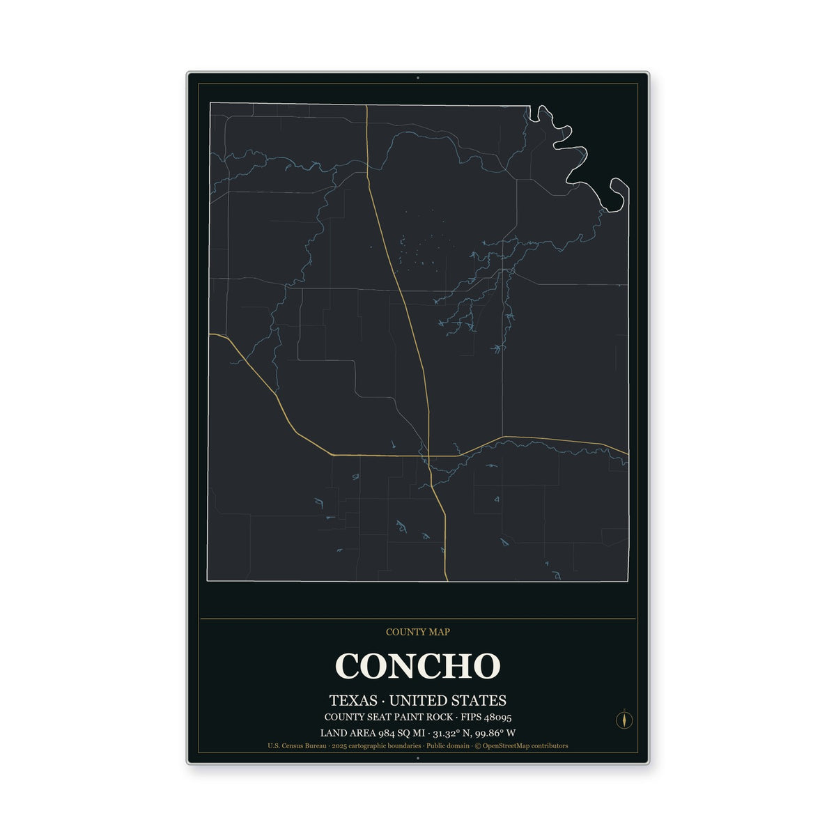 Concho County, Texas Map Aluminum Sign in Metropolitan Noir style
