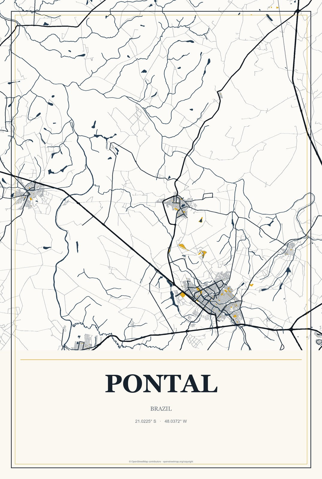 Pontal, Brazil City Map Aluminum Sign in Citrine Modern style