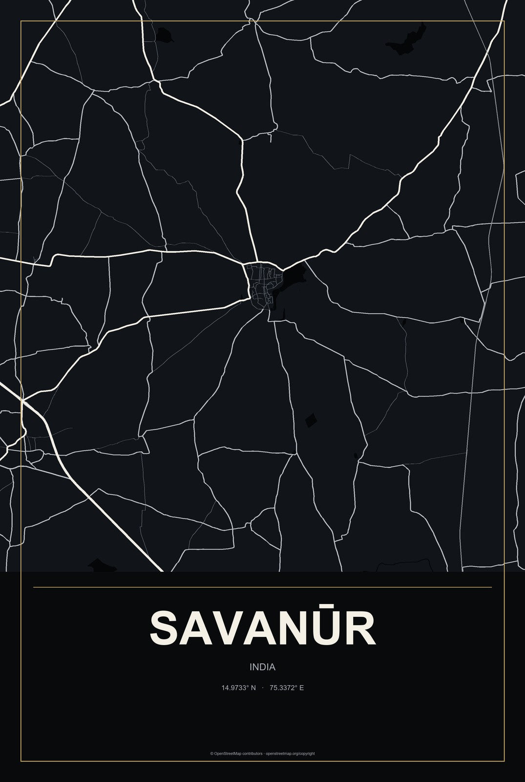 Savanūr, India City Map Aluminum Sign in Metropolitan Noir style