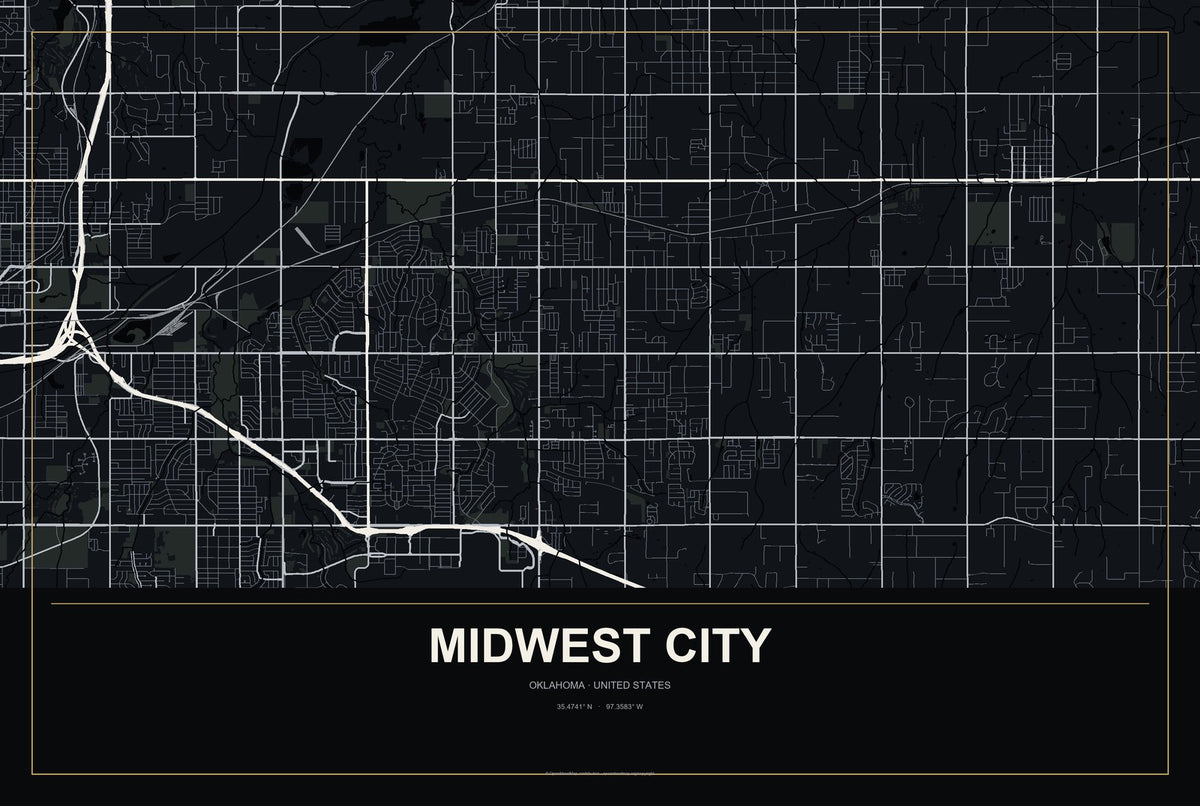 Midwest City, Oklahoma City Map Aluminum Sign in Metropolitan Noir style