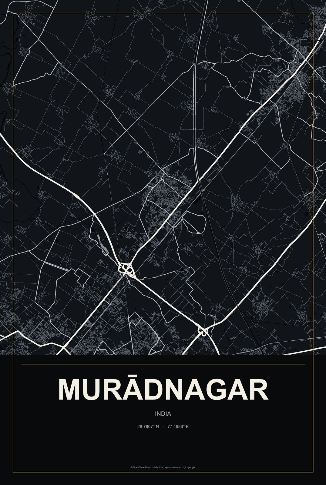 Murādnagar, India City Map Aluminum Sign in Metropolitan Noir style