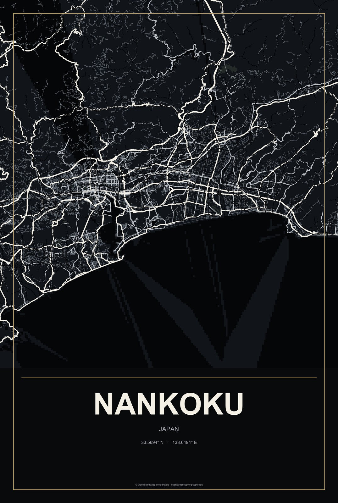 Nankoku, Japan City Map Aluminum Sign in Metropolitan Noir style