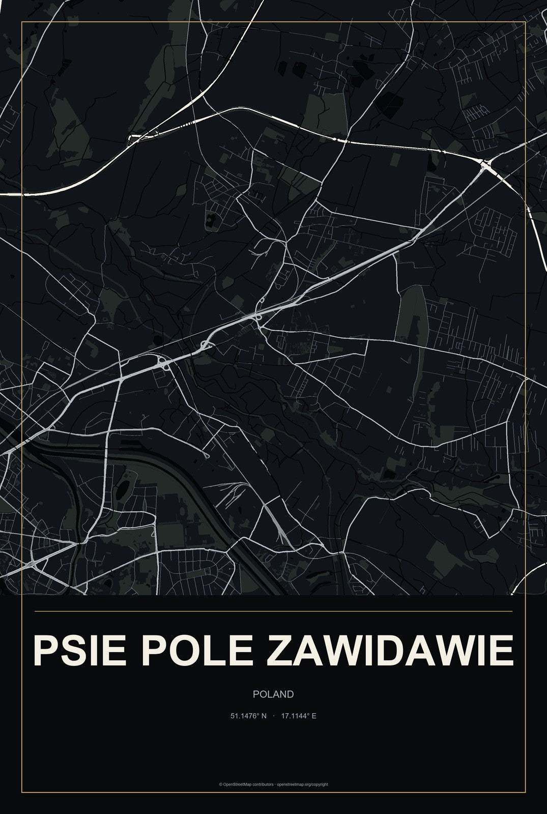 Psie Pole Zawidawie, Poland City Map Aluminum Sign in Metropolitan Noir style