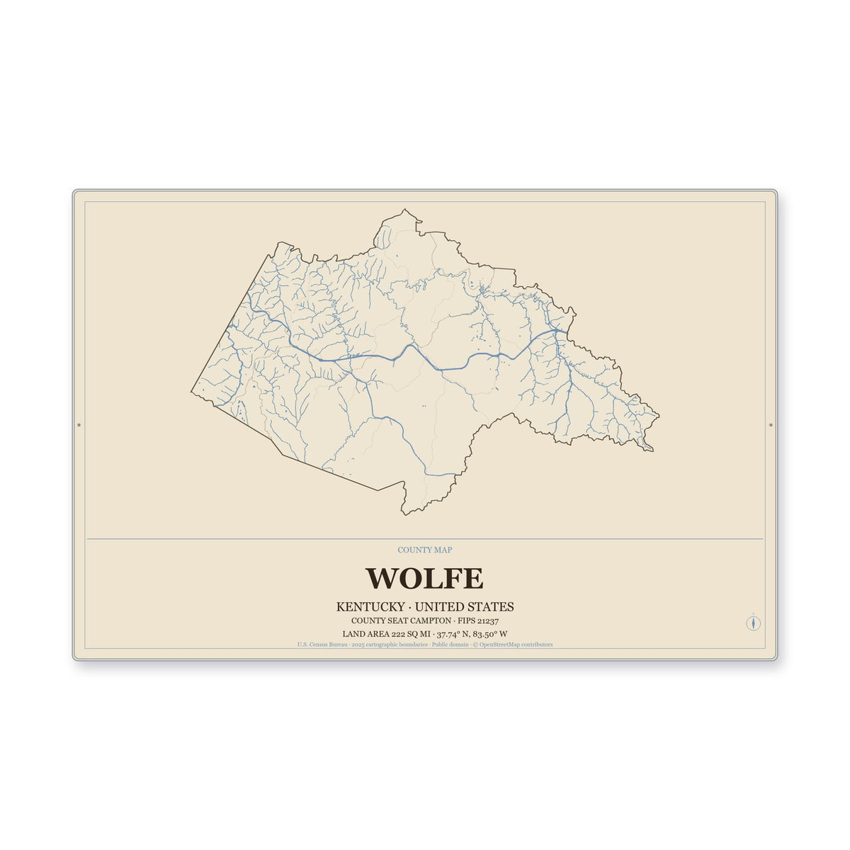 Wolfe County, Kentucky Map Aluminum Sign in Heritage Nautical style