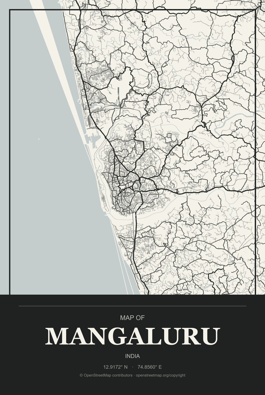 Mangaluru, India City Map Aluminum Sign in Museum Plaque style