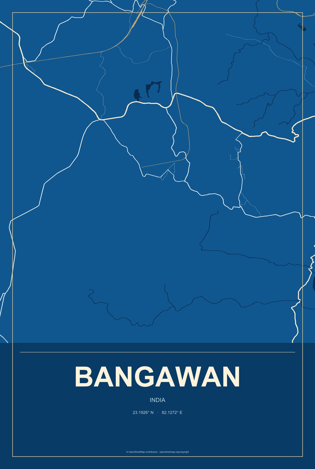 Bangawan, India City Map Aluminum Sign in Harbor Cobalt style