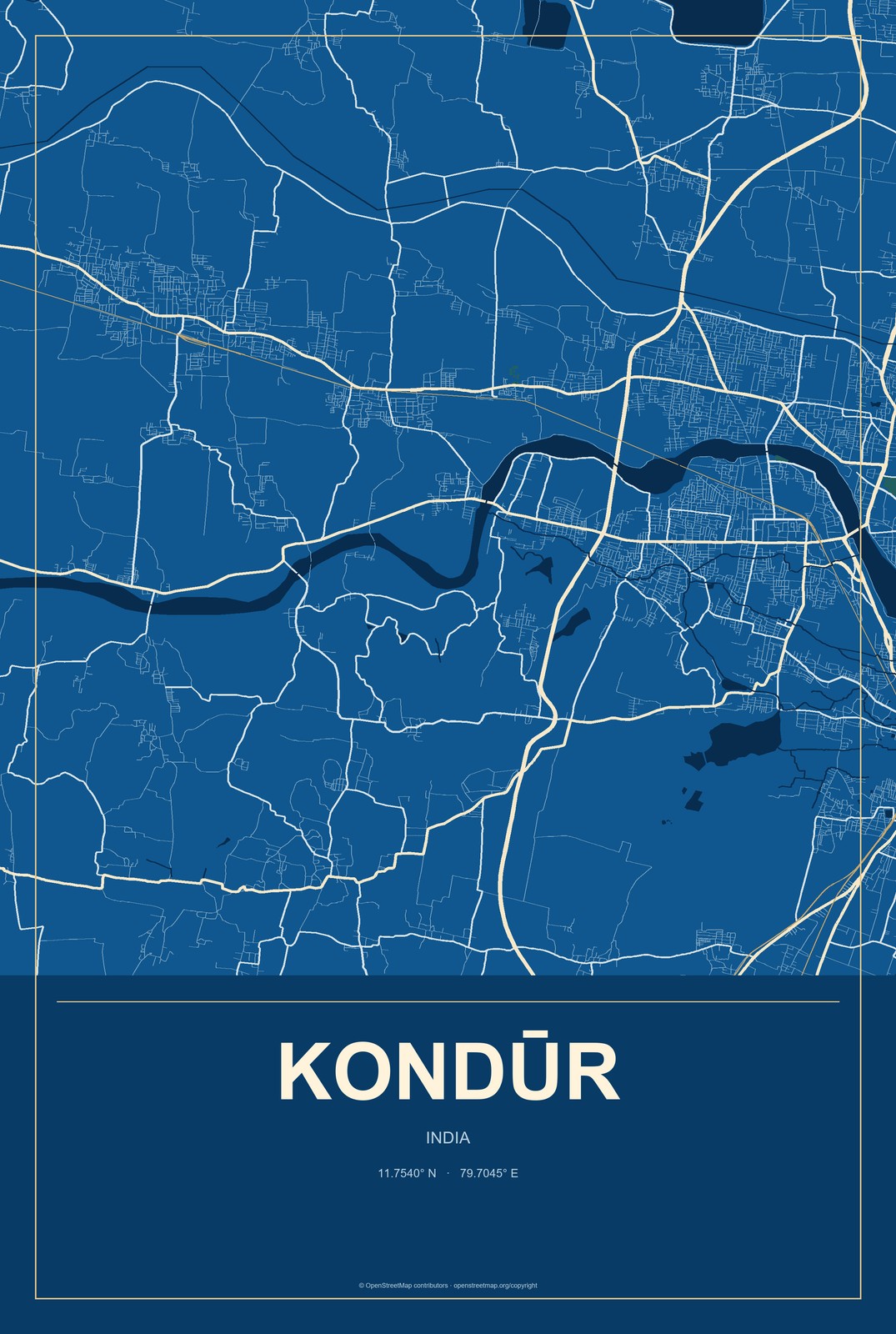Kondūr, India City Map Aluminum Sign in Harbor Cobalt style