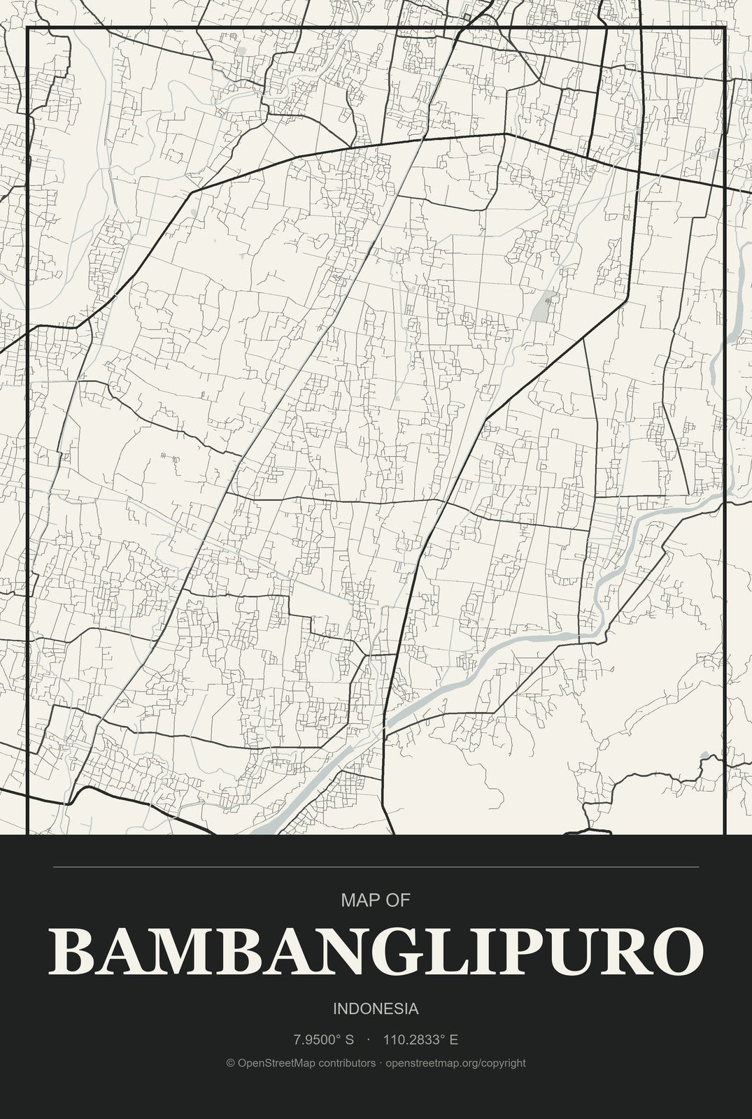 Bambanglipuro, Indonesia City Map Aluminum Sign in Museum Plaque style