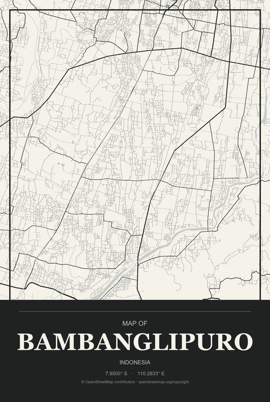 Bambanglipuro, Indonesia City Map Aluminum Sign in Museum Plaque style