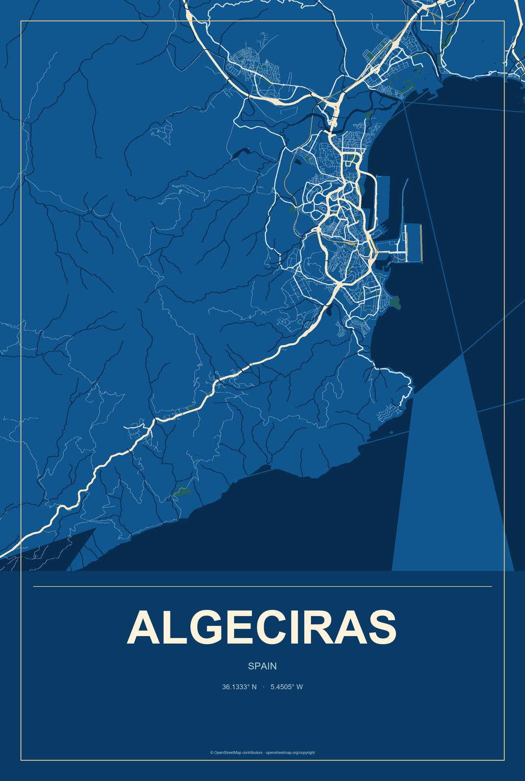 Algeciras, Spain City Map Aluminum Sign in Harbor Cobalt style