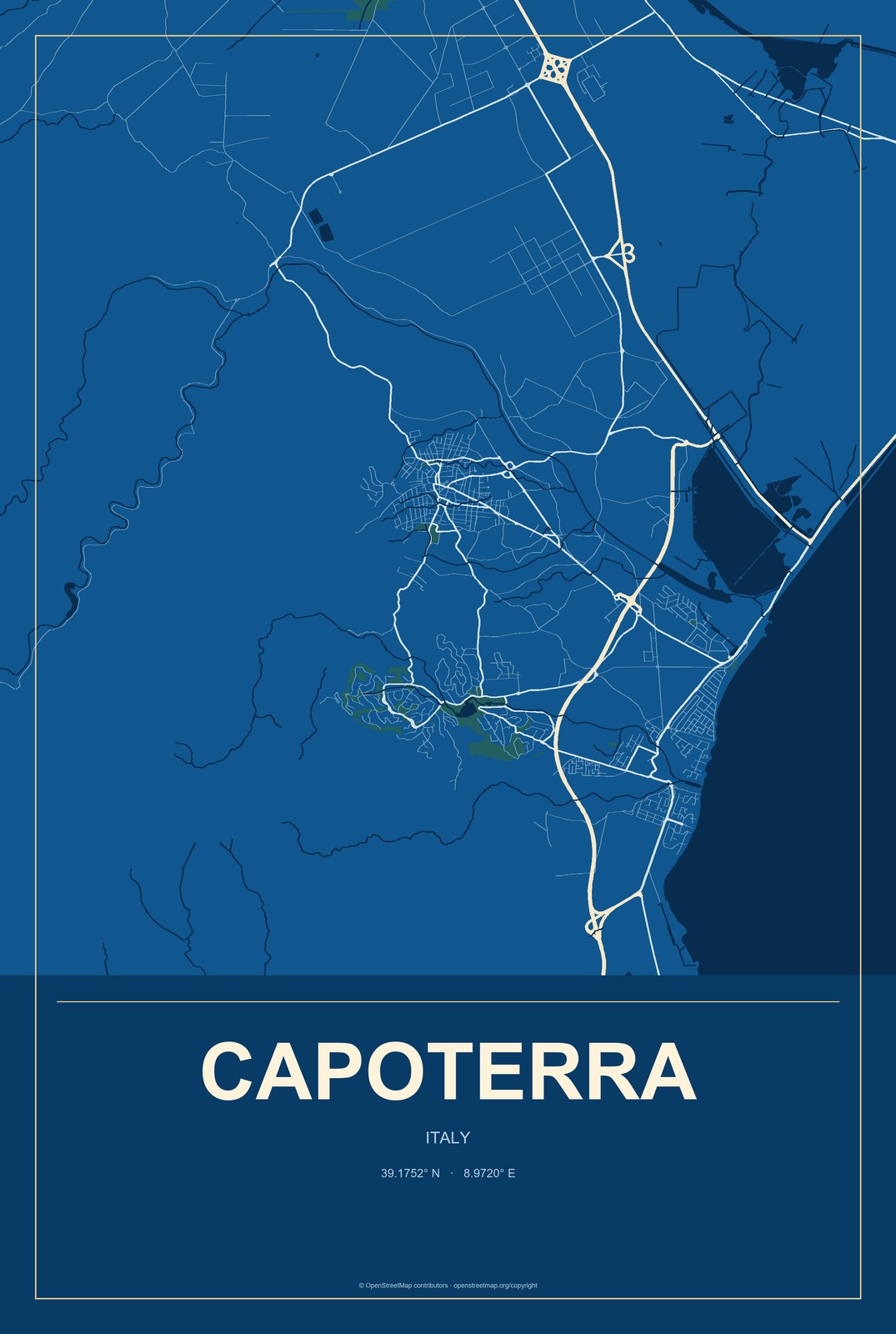 Capoterra, Italy City Map Aluminum Sign in Harbor Cobalt style