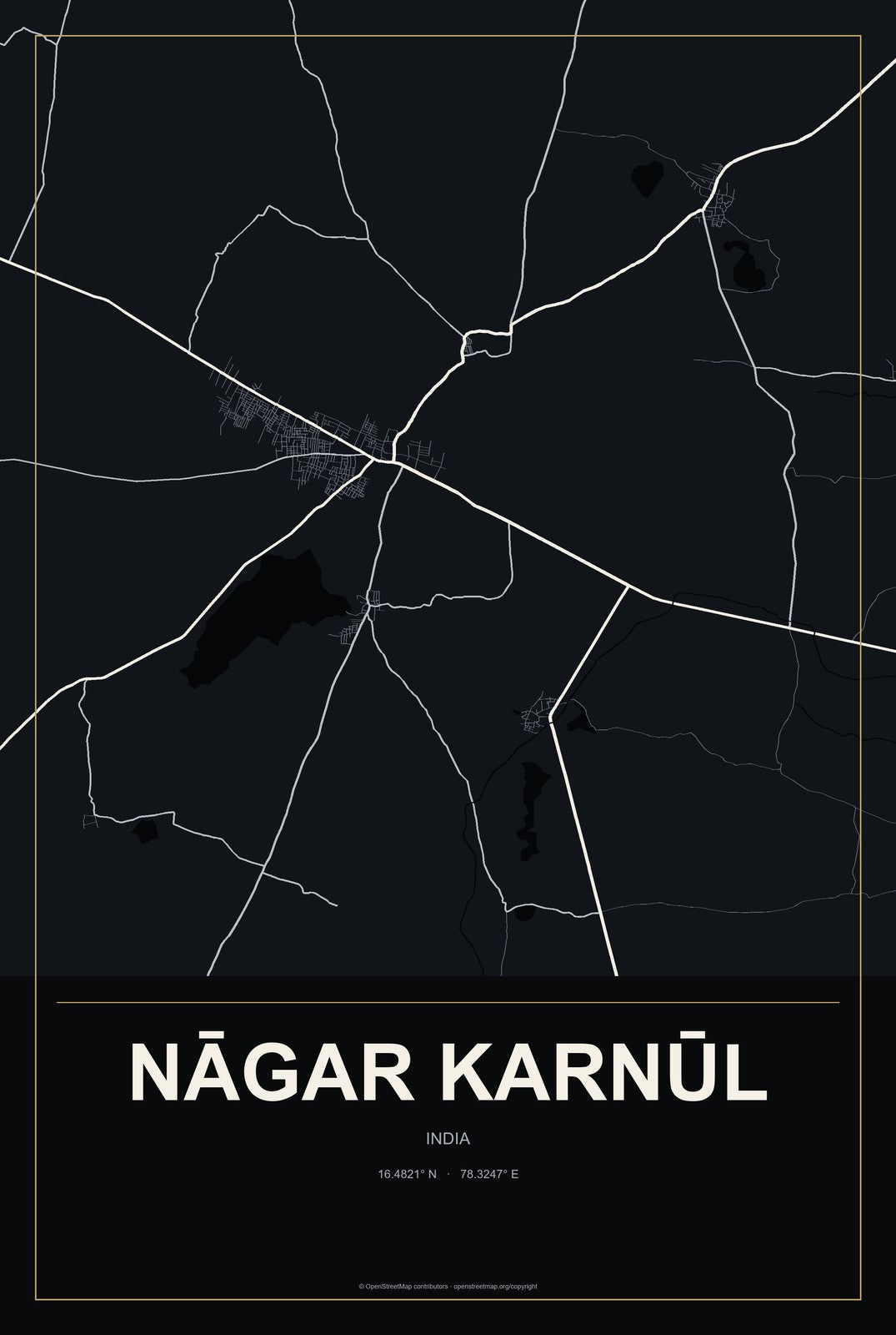 Nāgar Karnūl, India City Map Aluminum Sign in Metropolitan Noir style