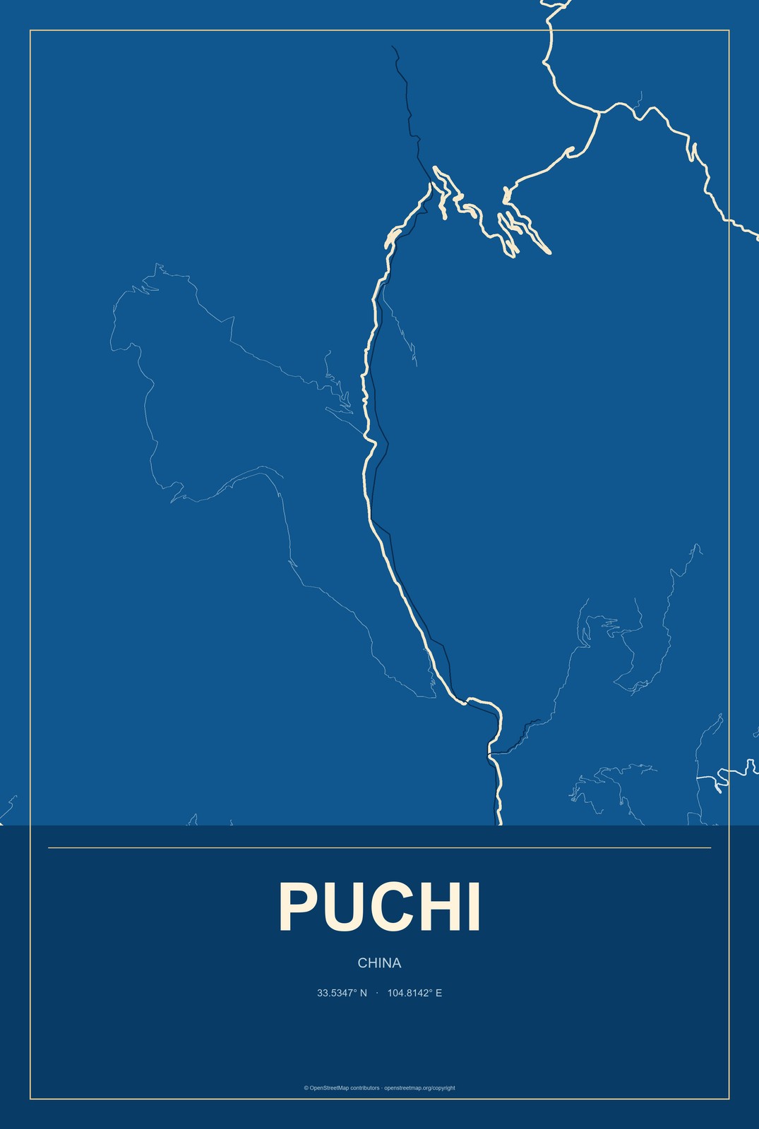 Puchi, China City Map Aluminum Sign in Harbor Cobalt style
