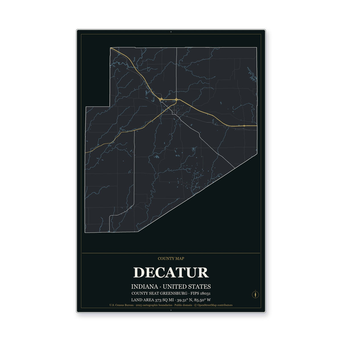 Decatur County, Indiana Map Aluminum Sign in Metropolitan Noir style