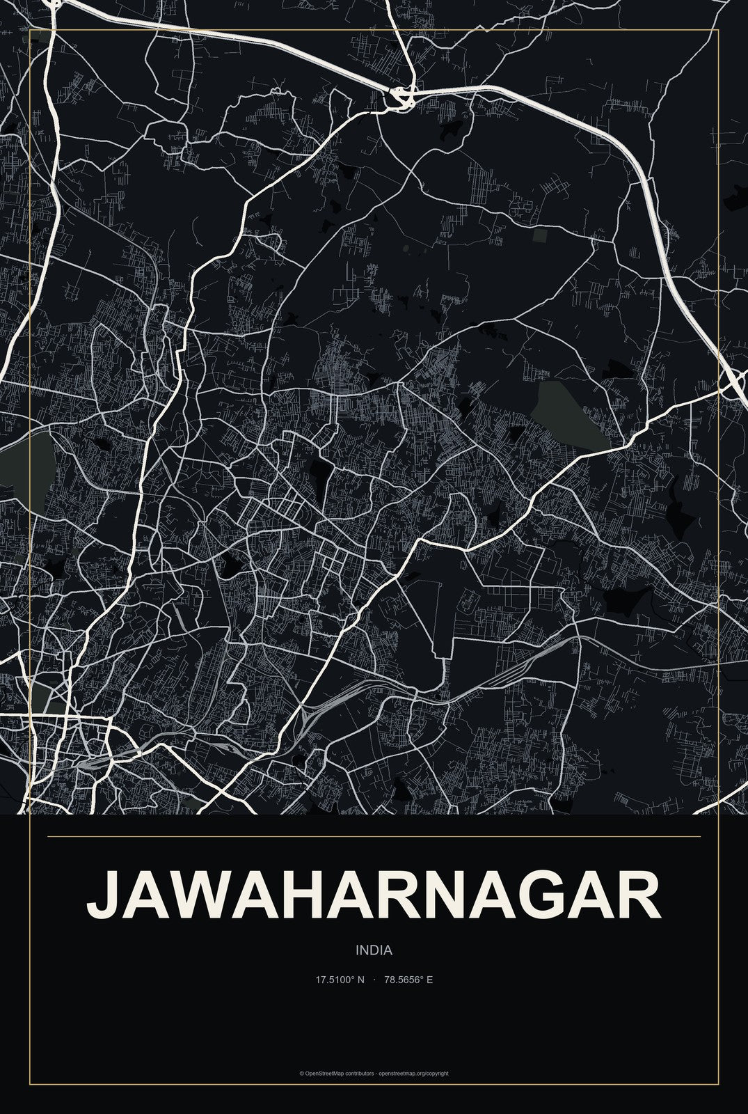 Jawaharnagar, India City Map Aluminum Sign in Metropolitan Noir style