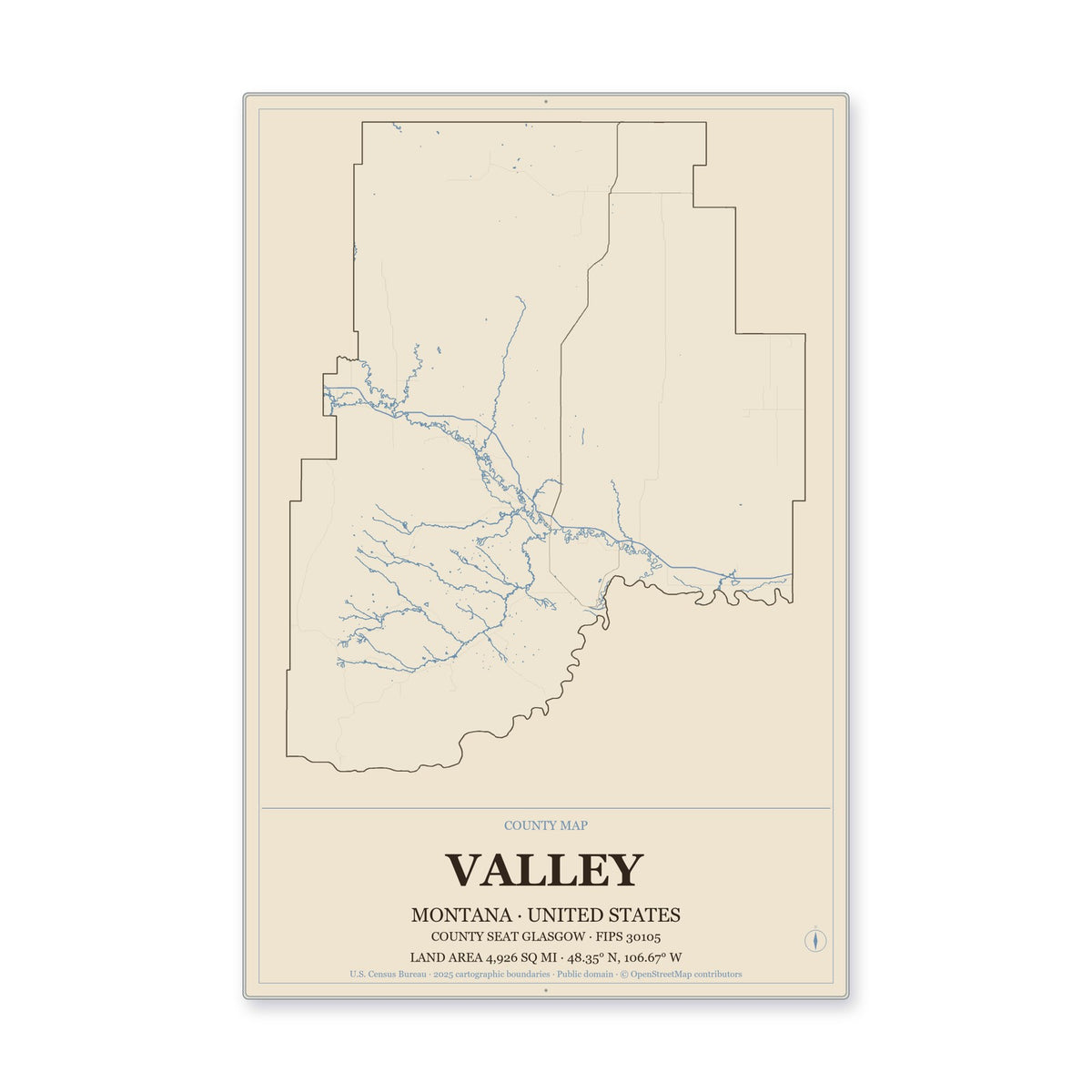 Valley County, Montana Map Aluminum Sign in Heritage Nautical style