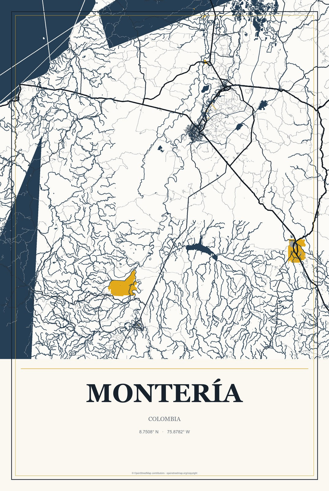 Montería, Colombia City Map Aluminum Sign in Citrine Modern style