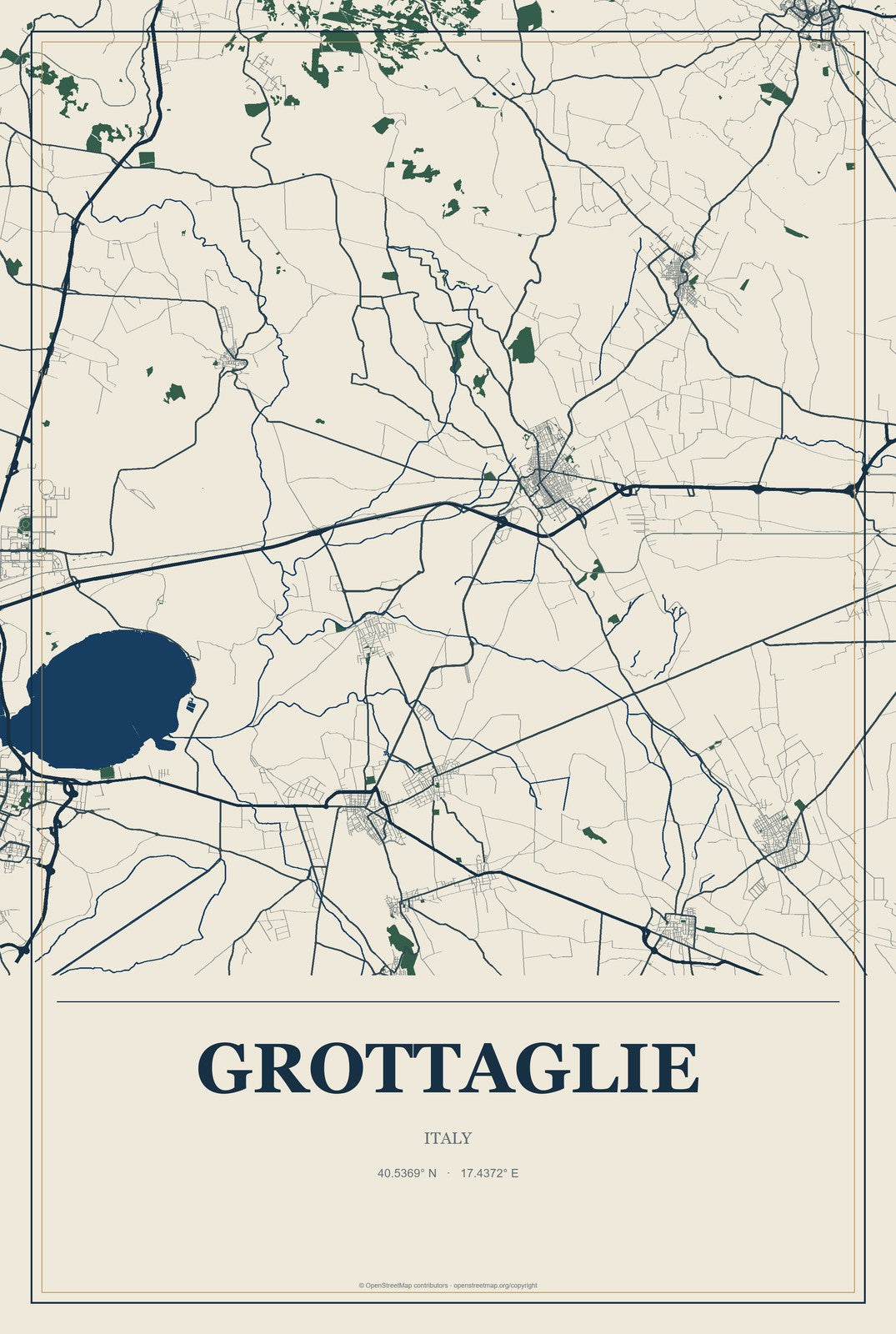 Grottaglie, Italy City Map Aluminum Sign in Coastal Cutout style