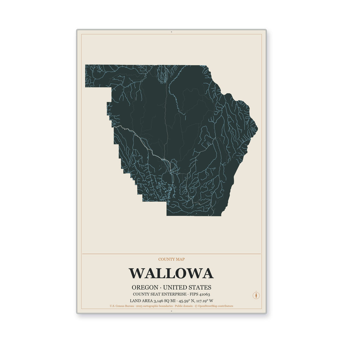 Wallowa County, Oregon Map Aluminum Sign in Headline Atlas style