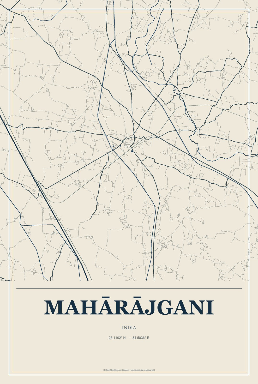 Mahārājgani, India City Map Aluminum Sign in Coastal Cutout style
