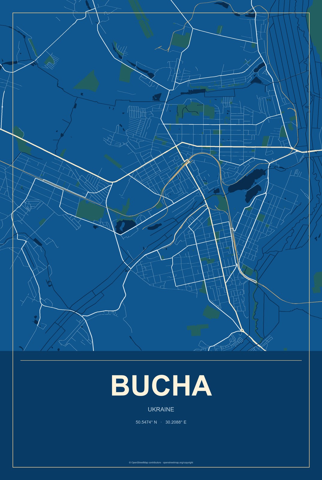 Bucha, Ukraine City Map Aluminum Sign in Harbor Cobalt style