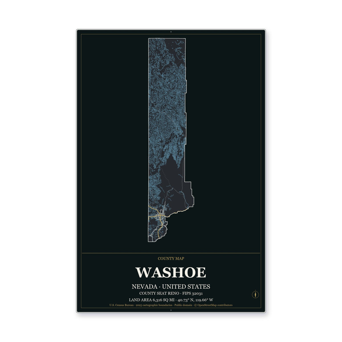 Washoe County, Nevada Map Aluminum Sign in Metropolitan Noir style