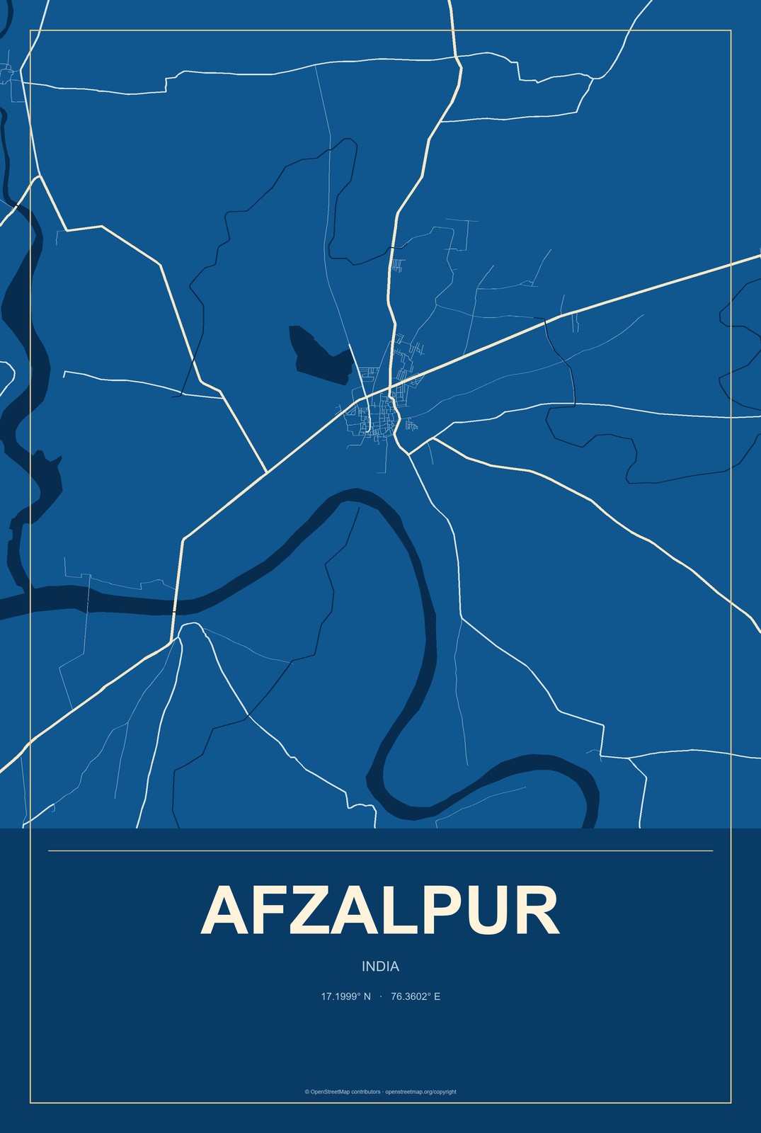 Afzalpur, India City Map Aluminum Sign in Harbor Cobalt style