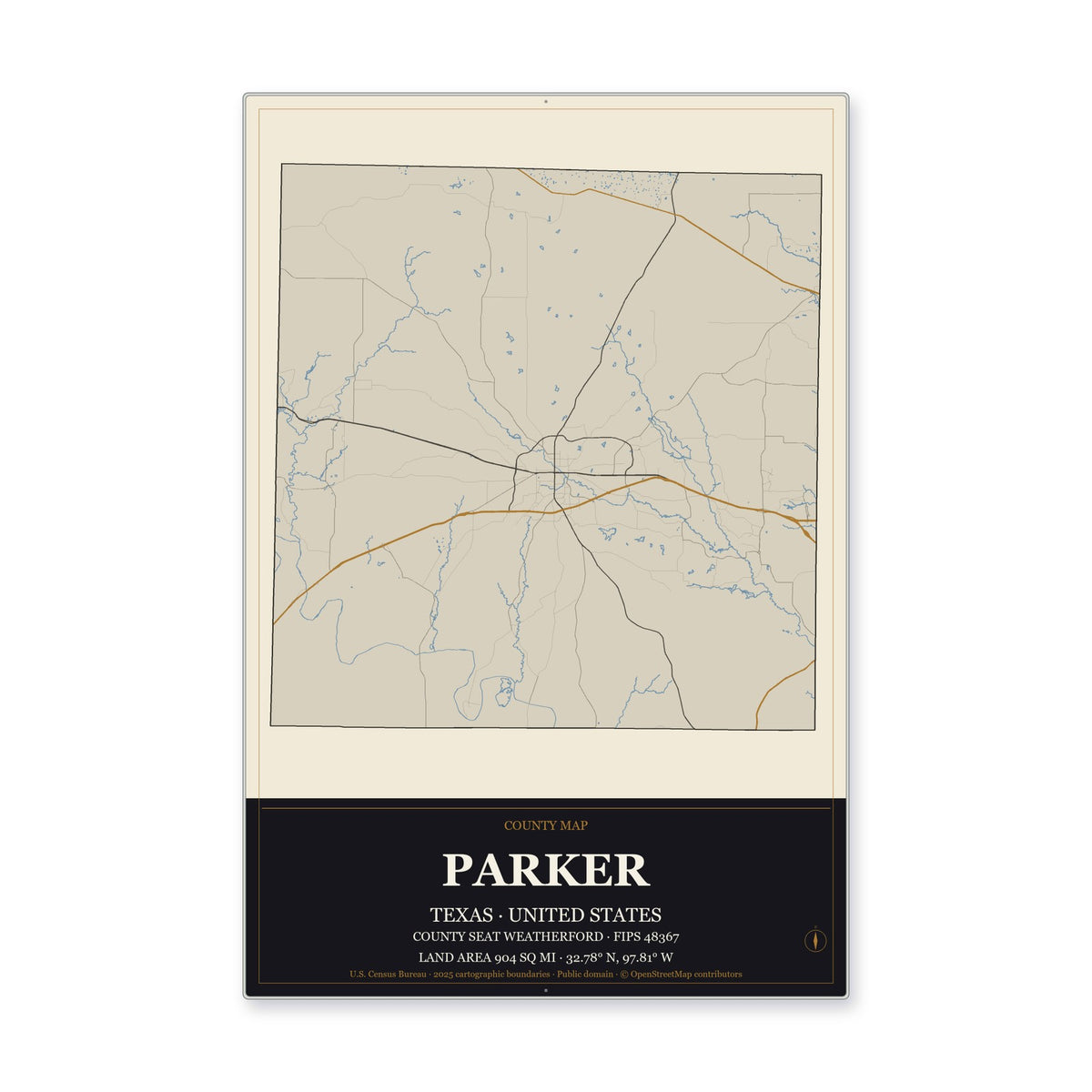 Parker County, Texas Map Aluminum Sign in Museum Plaque style