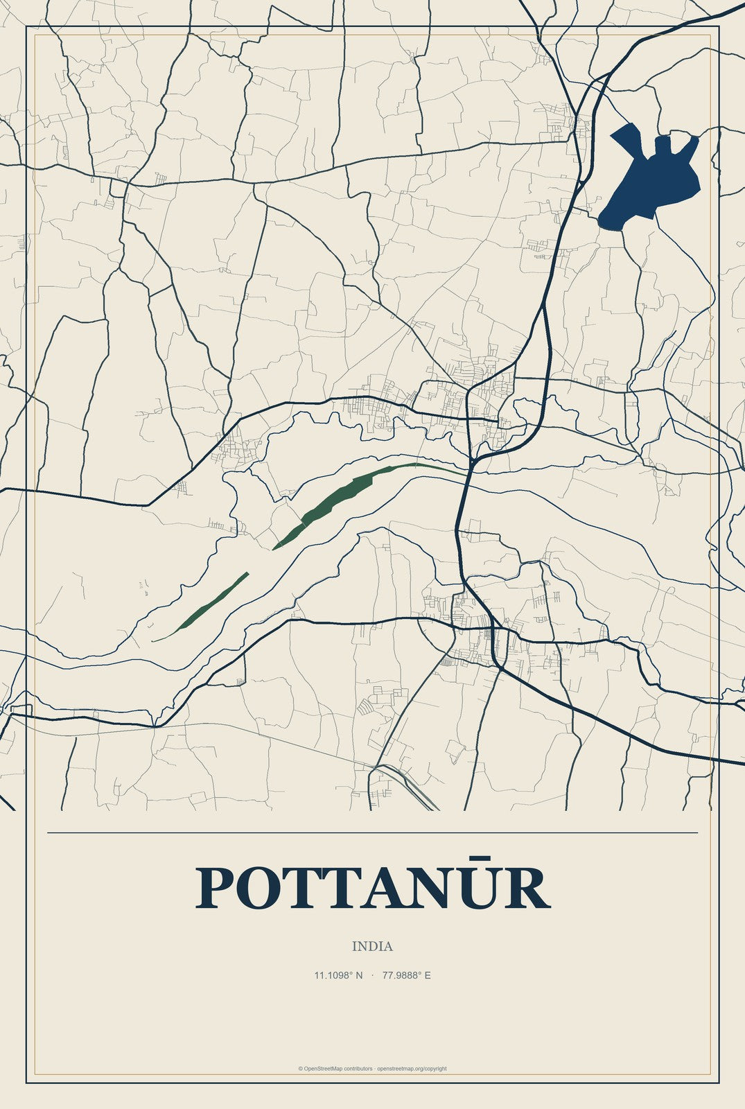 Pottanūr, India City Map Aluminum Sign in Coastal Cutout style