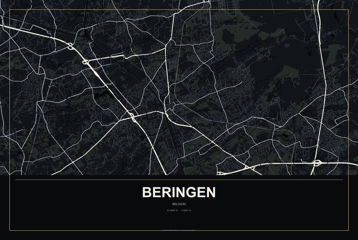 Beringen, Belgium City Map Aluminum Sign in Metropolitan Noir style
