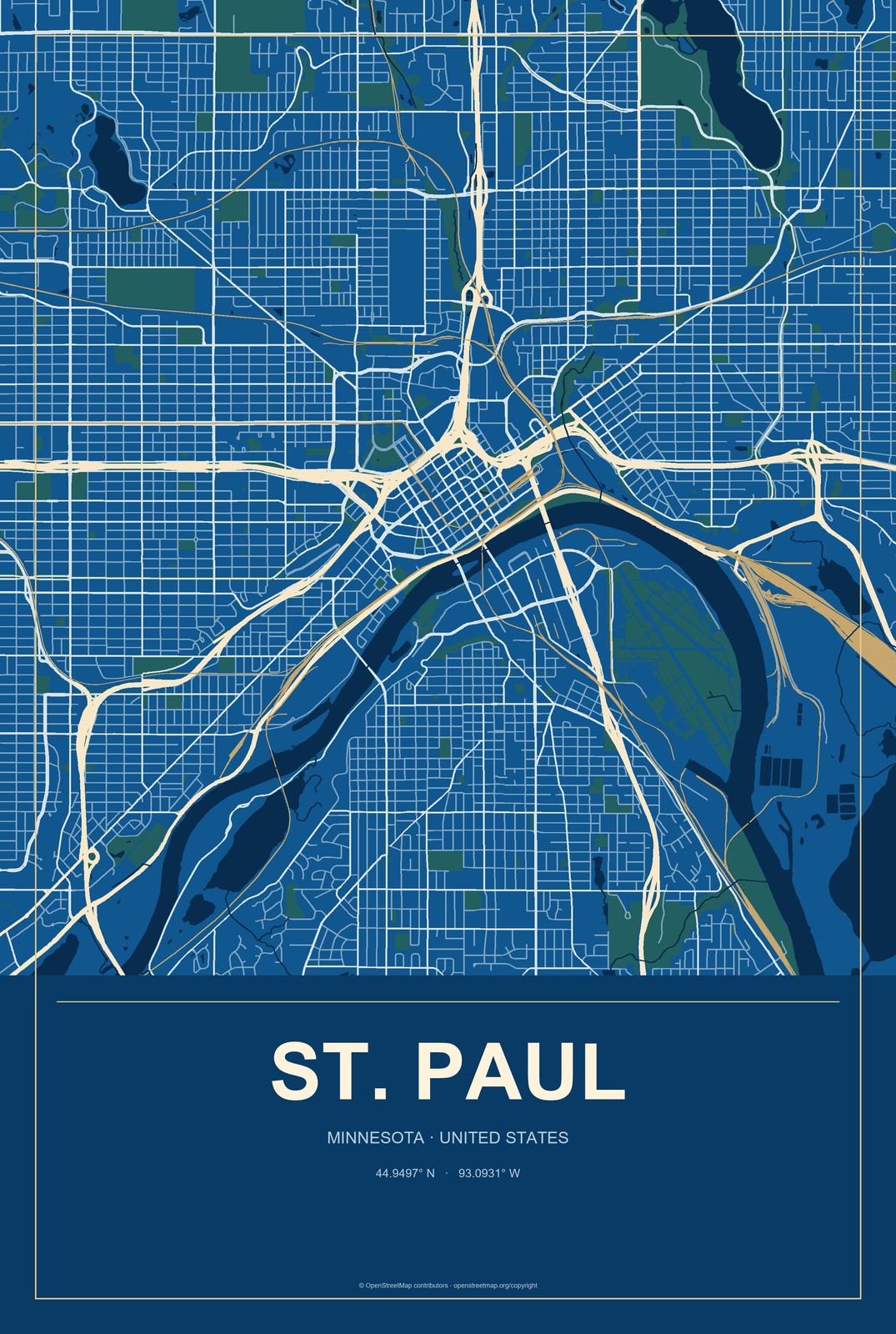 St. Paul, Minnesota City Map Aluminum Sign in Harbor Cobalt style