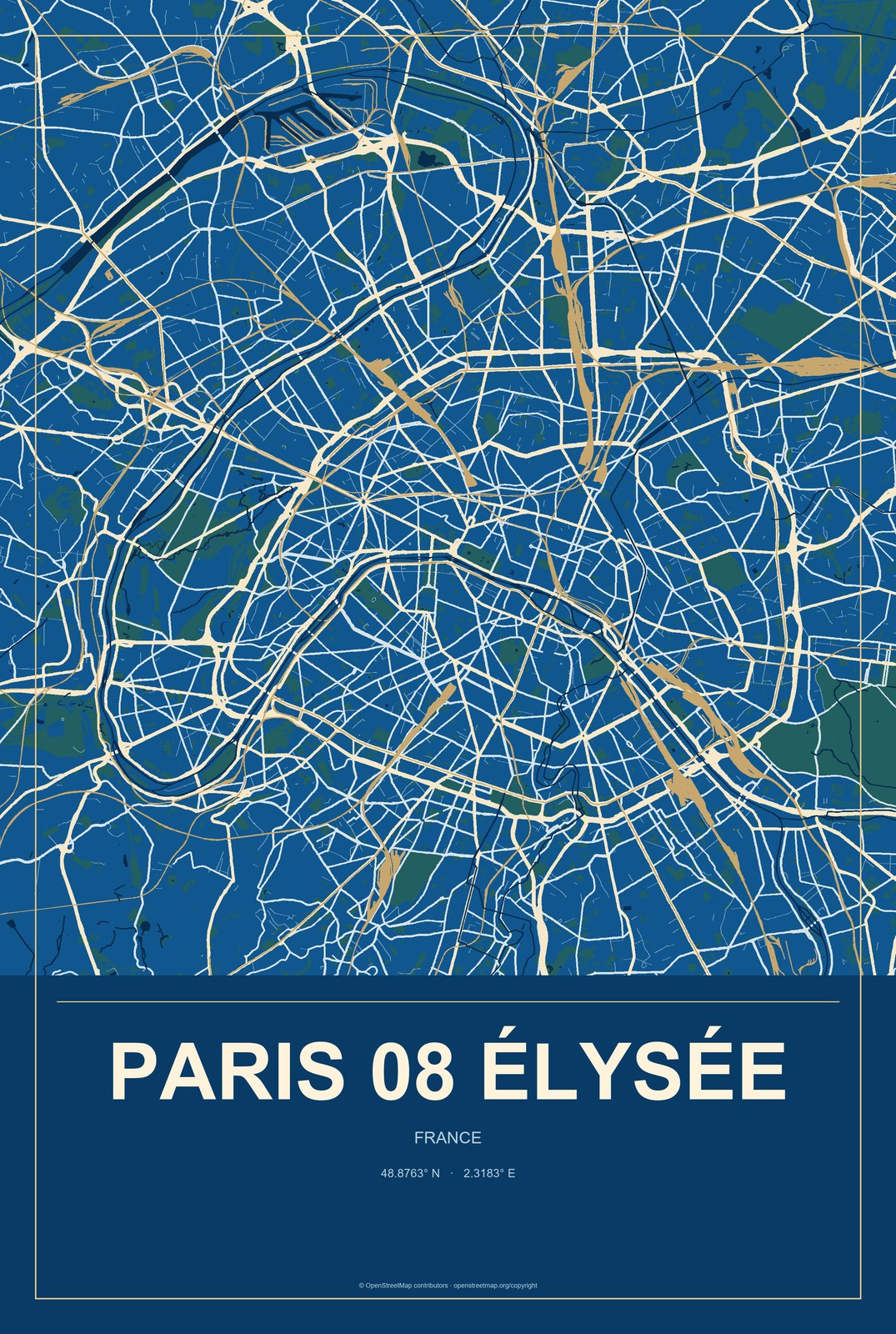 Paris 08 Élysée, France City Map Aluminum Sign in Harbor Cobalt style