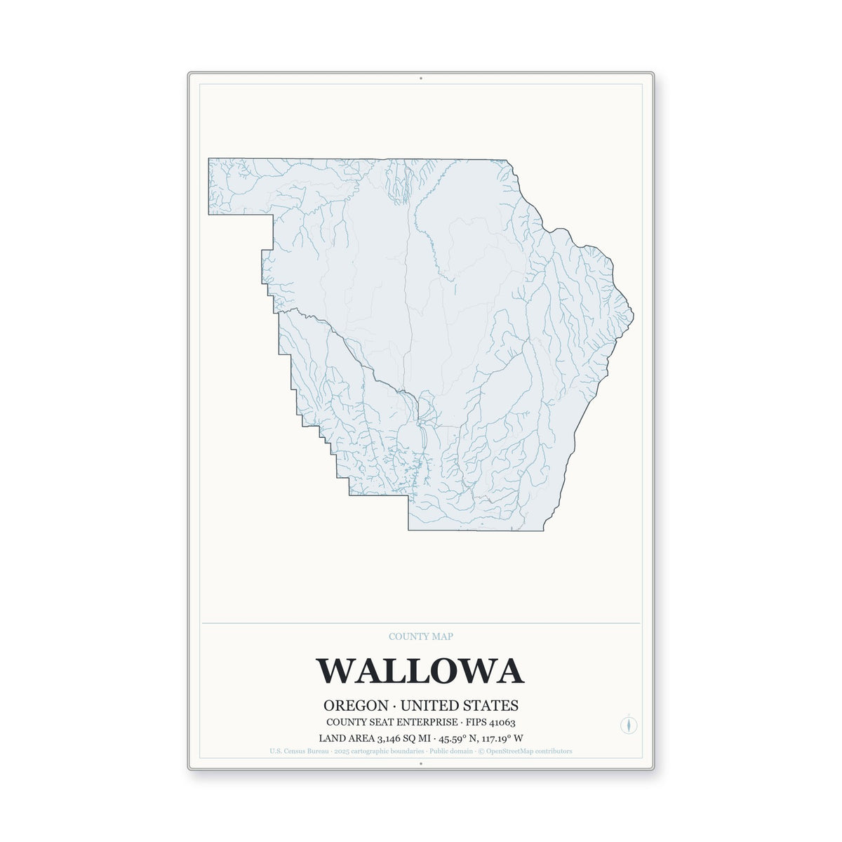 Wallowa County, Oregon Map Aluminum Sign in Gallery Air style