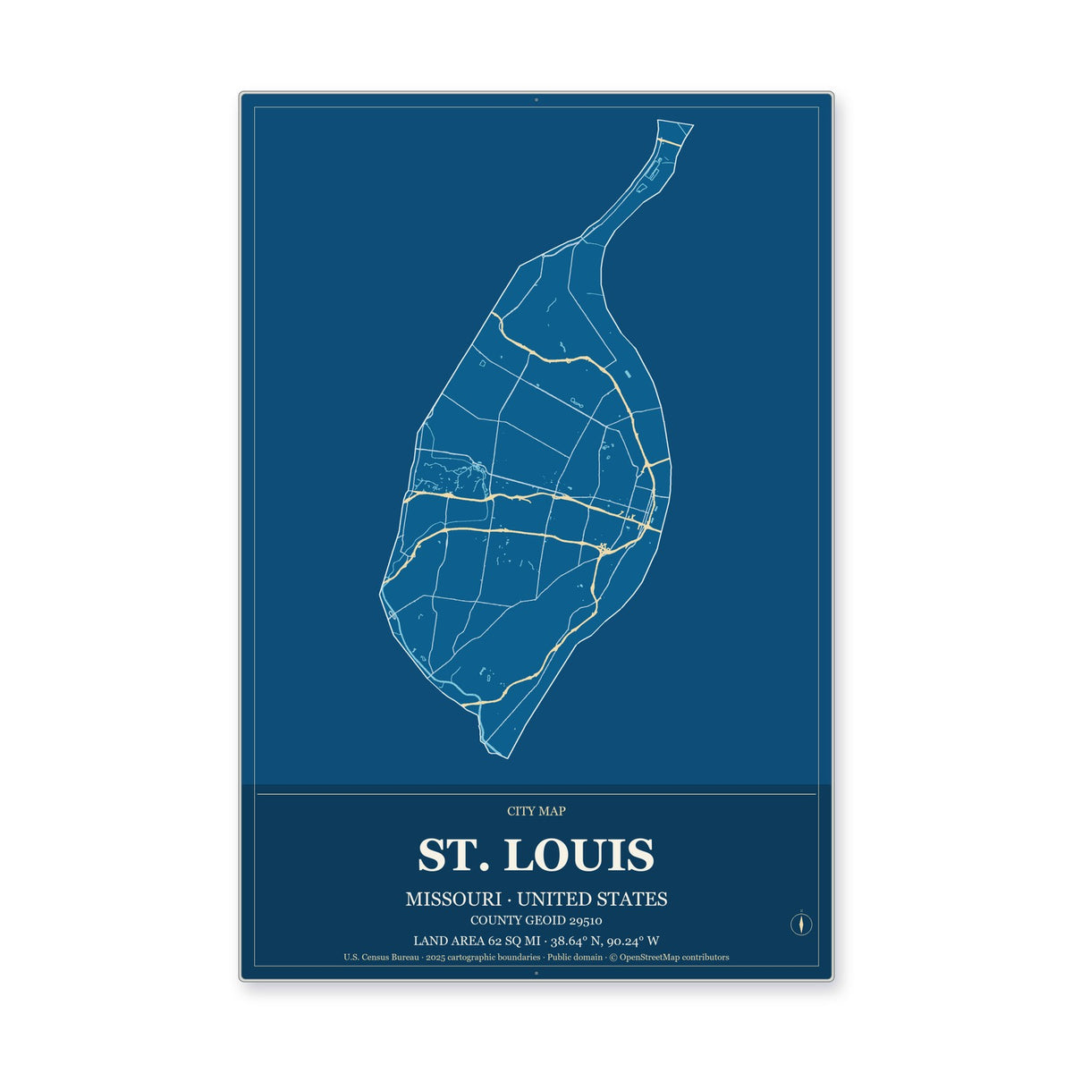 St. Louis city, Missouri Map Aluminum Sign in Harbor Cobalt style