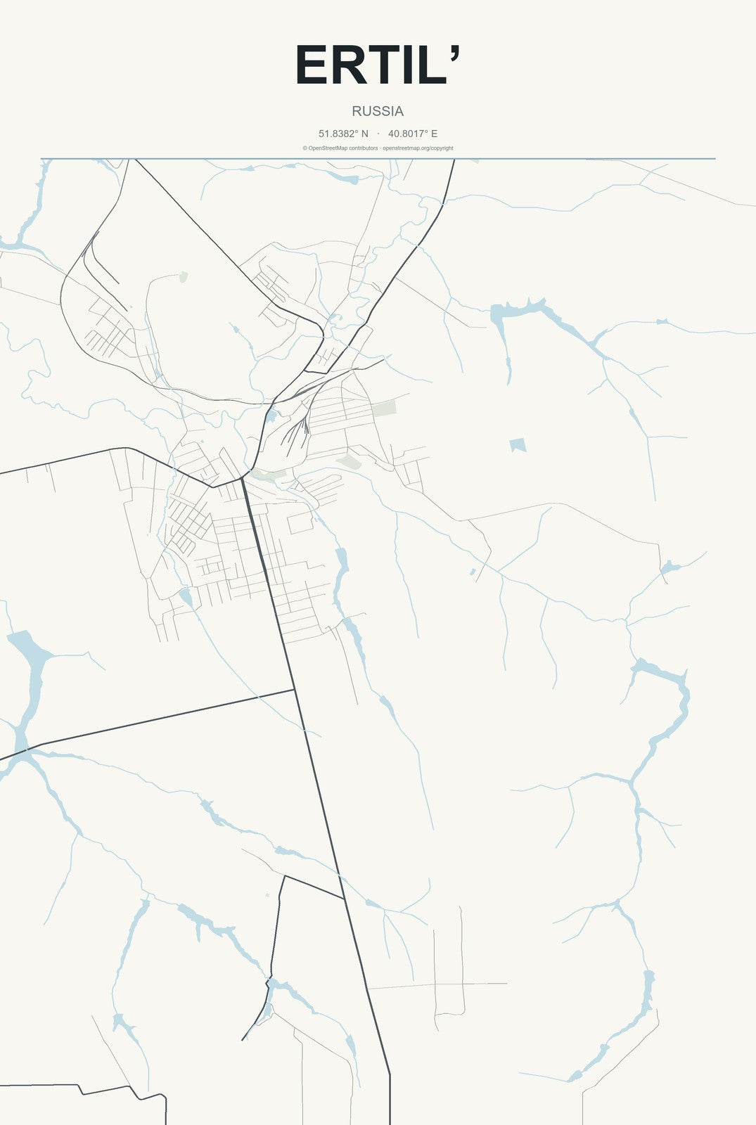 Ertil’, Russia City Map Aluminum Sign in Headline Atlas style