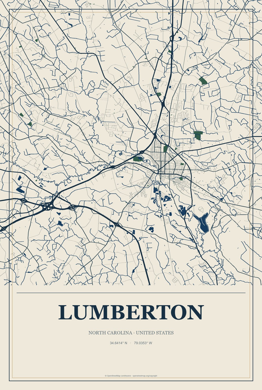Lumberton, North Carolina City Map Aluminum Sign in Coastal Cutout style