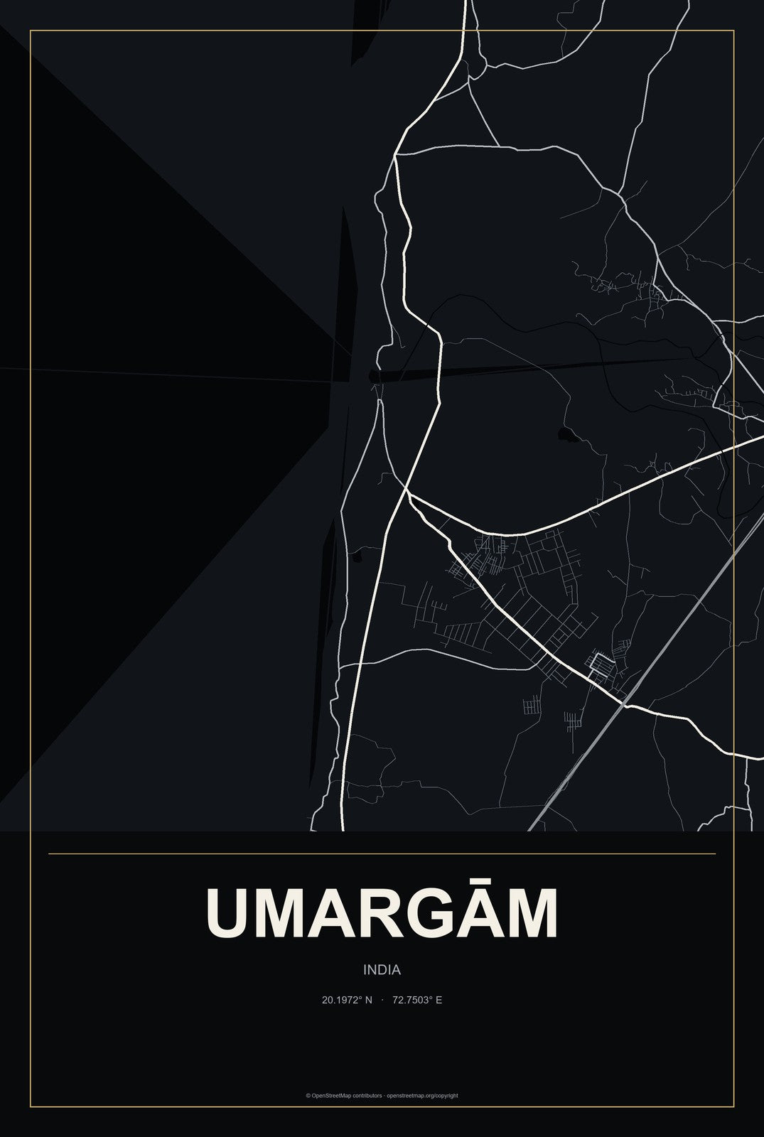 Umargām, India City Map Aluminum Sign in Metropolitan Noir style