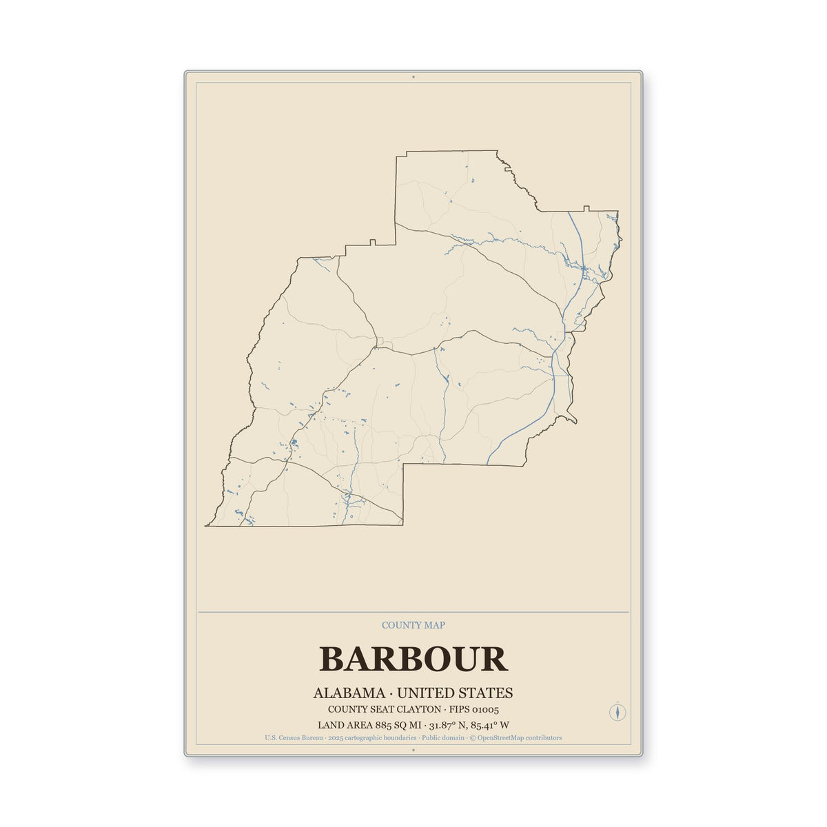 Barbour County, Alabama Map Aluminum Sign in Heritage Nautical style