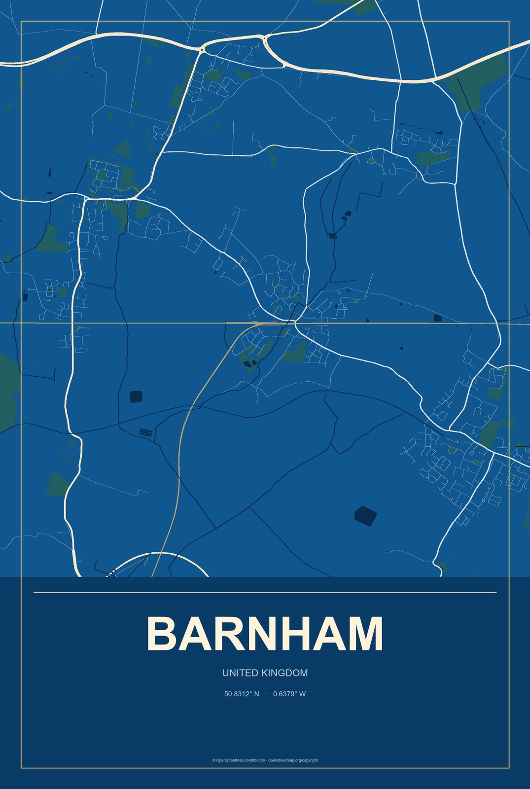 Barnham, United Kingdom City Map Aluminum Sign in Harbor Cobalt style