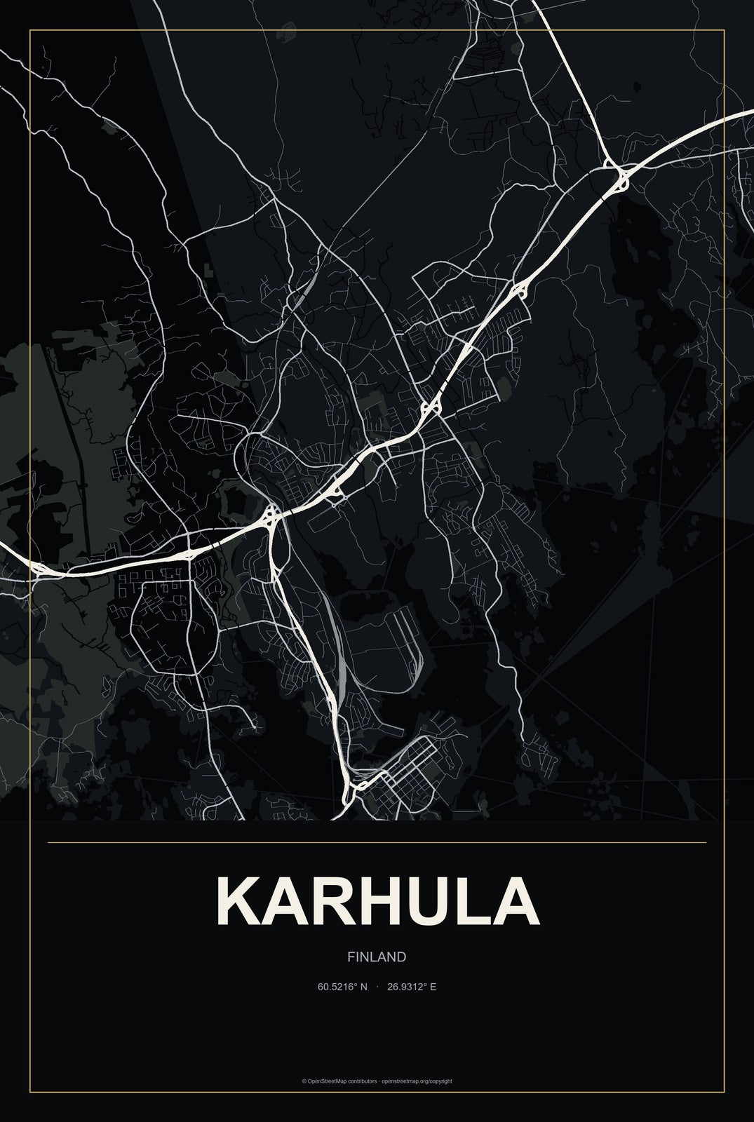 Karhula, Finland City Map Aluminum Sign in Metropolitan Noir style