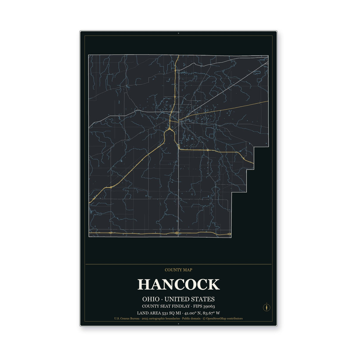 Hancock County, Ohio Map Aluminum Sign in Metropolitan Noir style