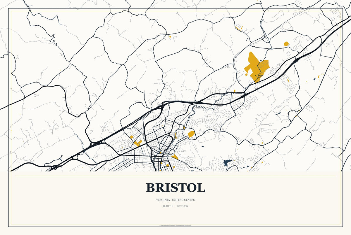 Bristol, Virginia City Map Aluminum Sign in Citrine Modern style