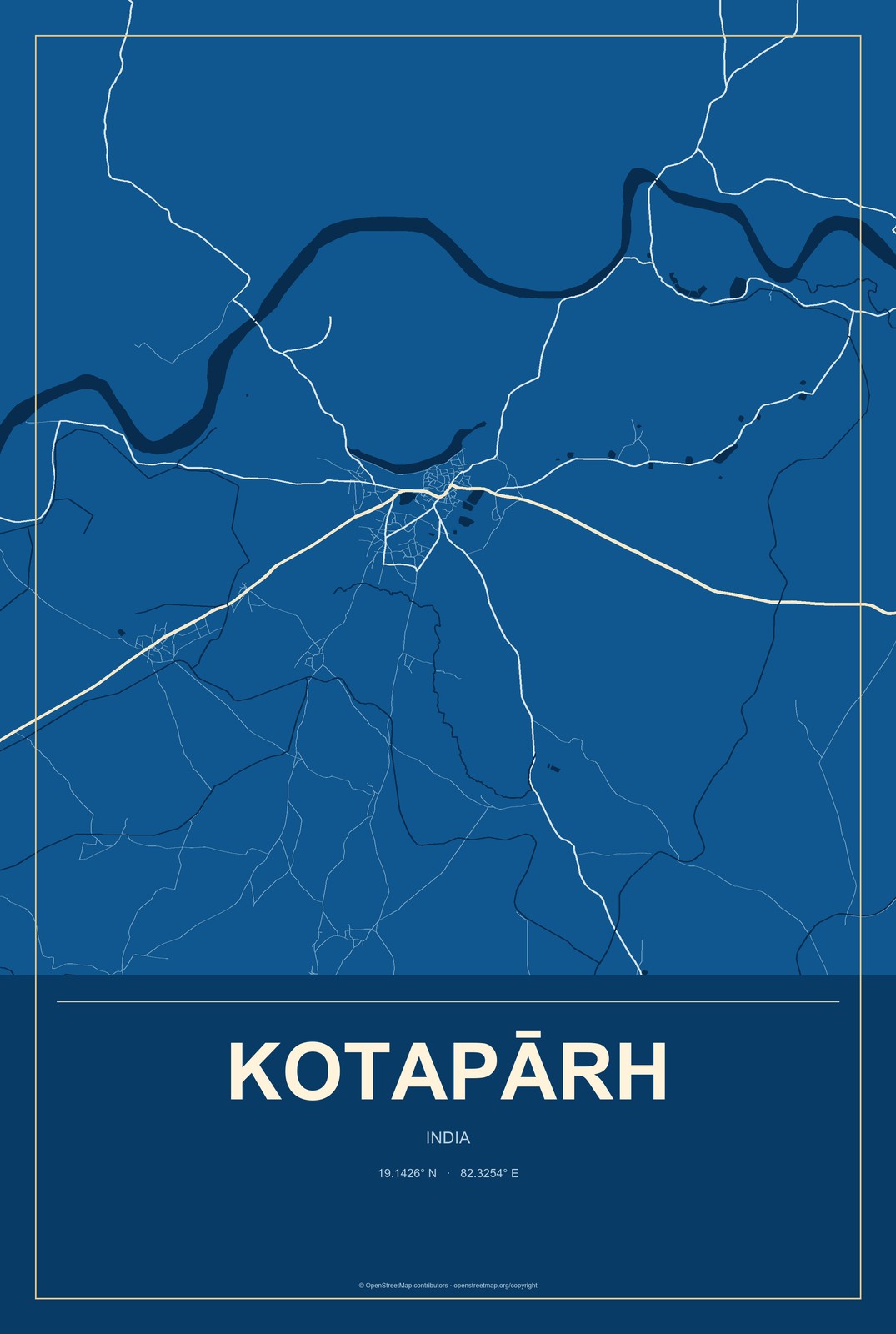Kotapārh, India City Map Aluminum Sign in Harbor Cobalt style