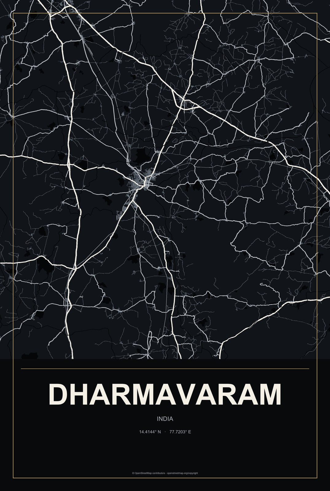 Dharmavaram, India City Map Aluminum Sign in Metropolitan Noir style