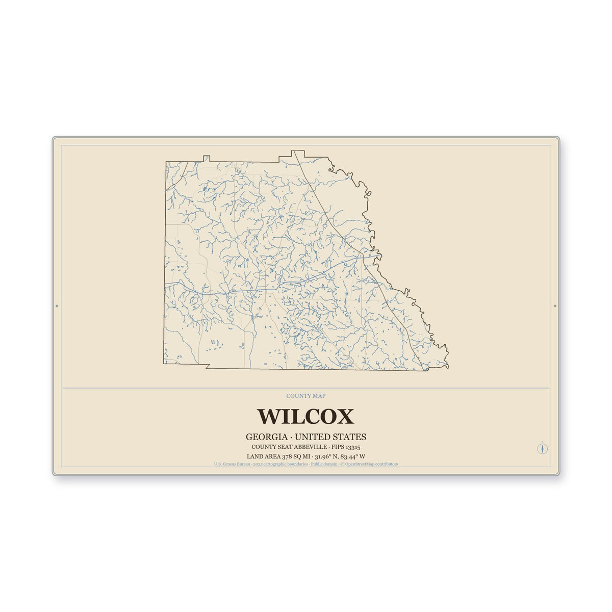 Wilcox County, Georgia Map Aluminum Sign in Heritage Nautical style