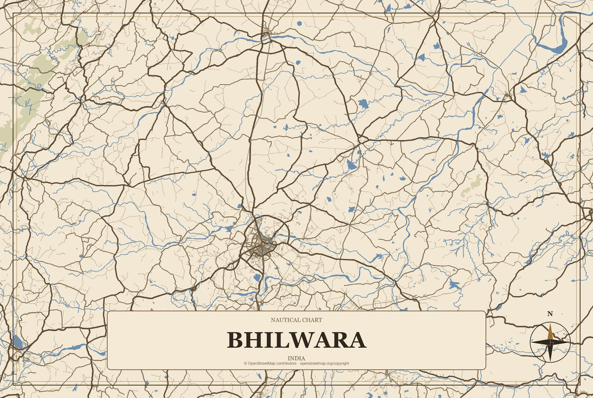 Bhilwara, India City Map Aluminum Sign in Heritage Nautical style