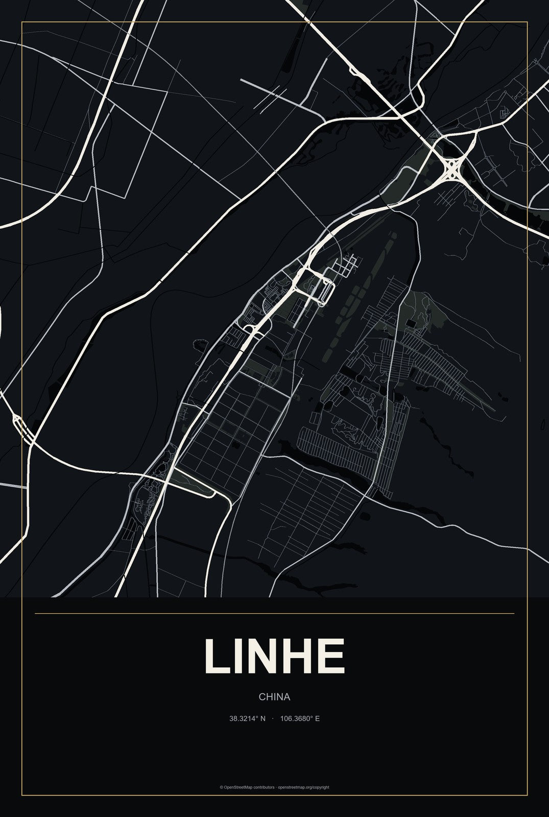Linhe, China City Map Aluminum Sign in Metropolitan Noir style