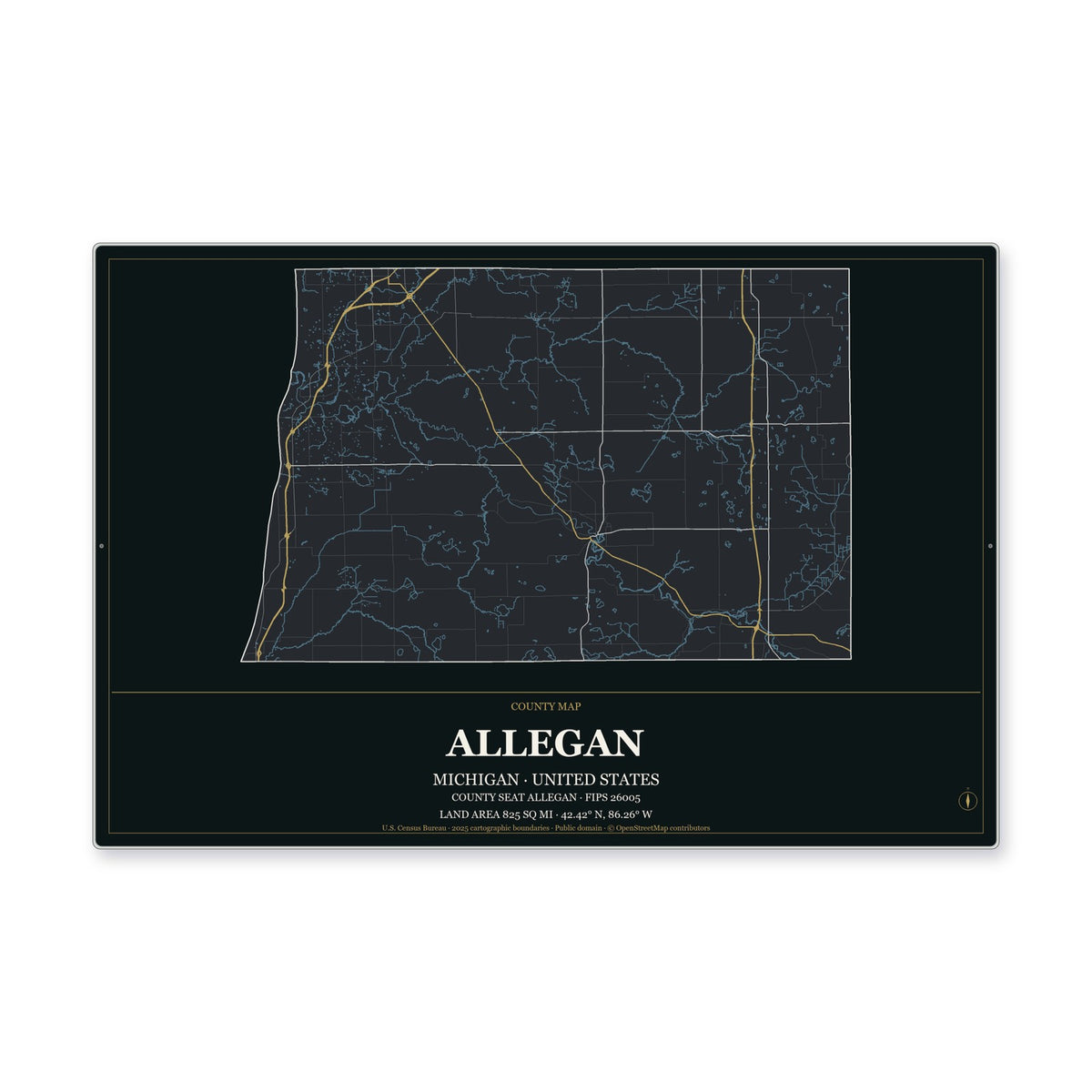 Allegan County, Michigan Map Aluminum Sign in Metropolitan Noir style